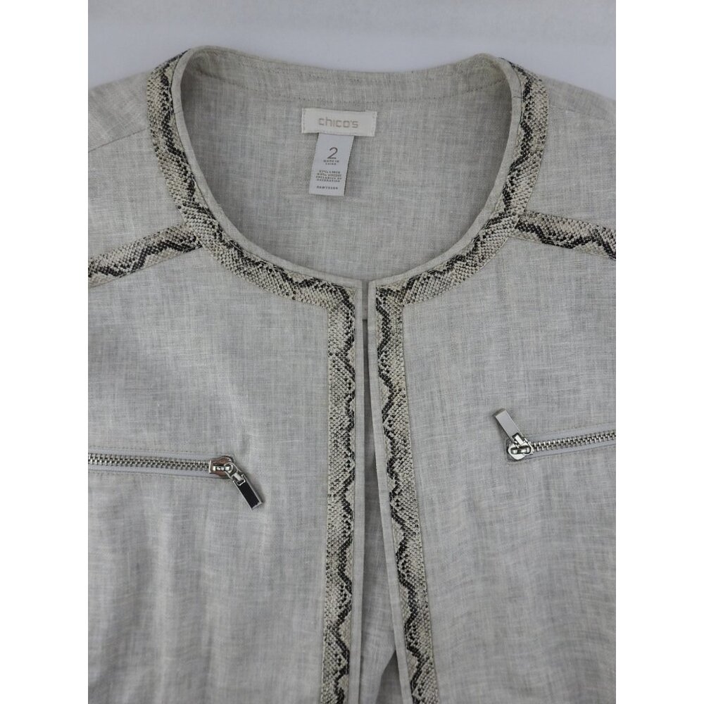 Chicos Linen Blend Jacket Womens Size 2 Neutral Snakeskin Trim Open Front - Picture 2 of 9